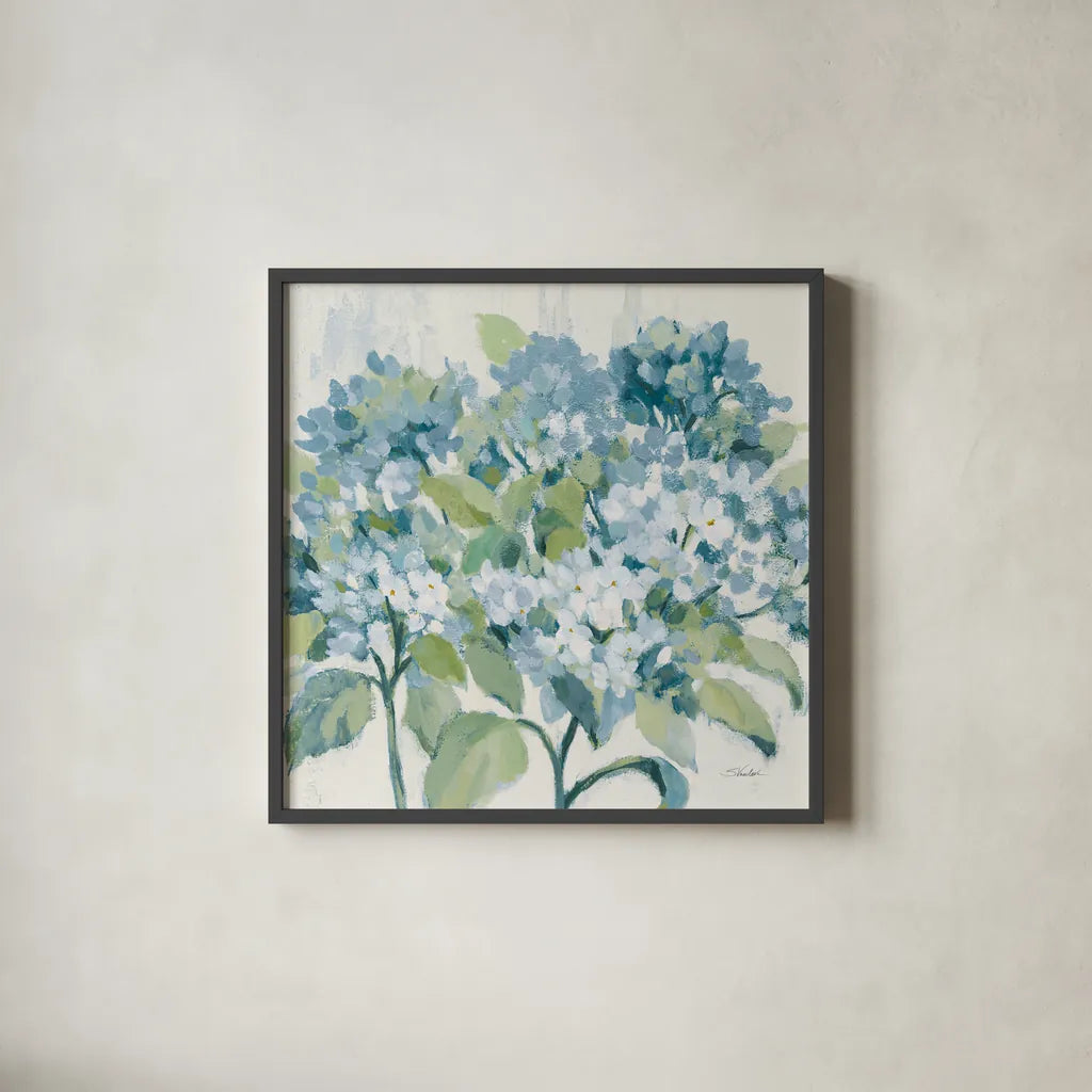 Romantic Hydrangeas Blue by Silvia Vassileva. Shown in a sleek black glass frame for a contemporary gallery look. Available as an archival giclee rolled canvas, fine art paper, or poster print. SKU 85227a.