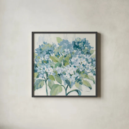 Romantic Hydrangeas Blue by Silvia Vassileva. Shown in a sleek black glass frame for a contemporary gallery look. Available as an archival giclee rolled canvas, fine art paper, or poster print. SKU 85227a.