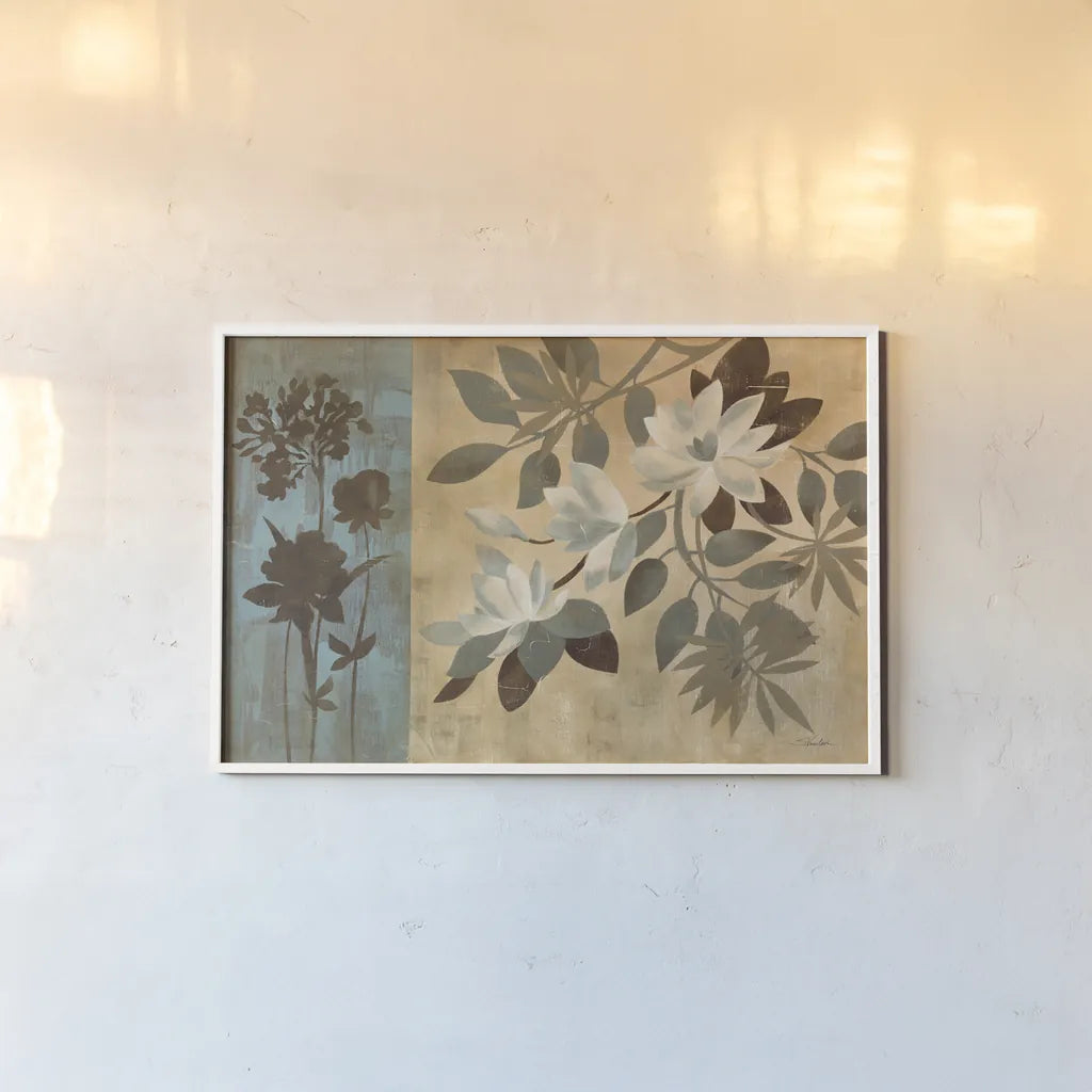 Romantic Magnolias I by Silvia Vassileva. shown as a paper print in a white frame. Available as a archival giclee rolled canvas, fine art paper, or poster print. SKU 6485i.