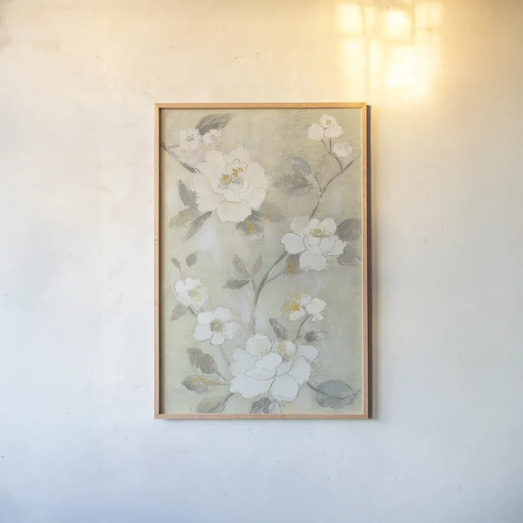 Romantic Spring Flowers I White by Silvia Vassileva. shown as a paper print in a natural frame. Available as a archival giclee rolled canvas, fine art paper, or poster print. SKU 67241h.