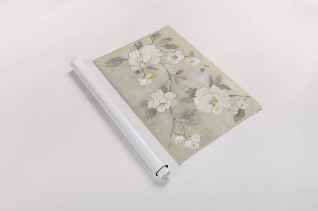 Romantic Spring Flowers I White Horizontal by Silvia Vassileva. shown as a rolled paper print. Available as archival giclee rolled canvas, fine art paper, or poster print. SKU 74168i.