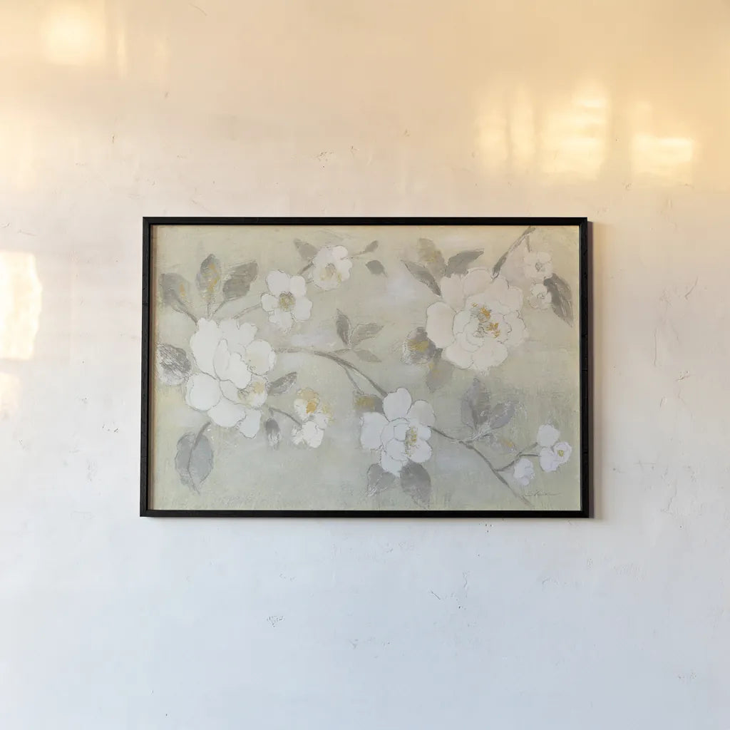 Romantic Spring Flowers I White Horizontal by Silvia Vassileva. shown as a paper print in a black flame. Available as a archival giclee rolled canvas, fine art paper, or poster print. SKU 74168i.