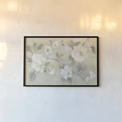 Romantic Spring Flowers I White Horizontal by Silvia Vassileva. shown as a paper print in a black flame. Available as a archival giclee rolled canvas, fine art paper, or poster print. SKU 74168i.