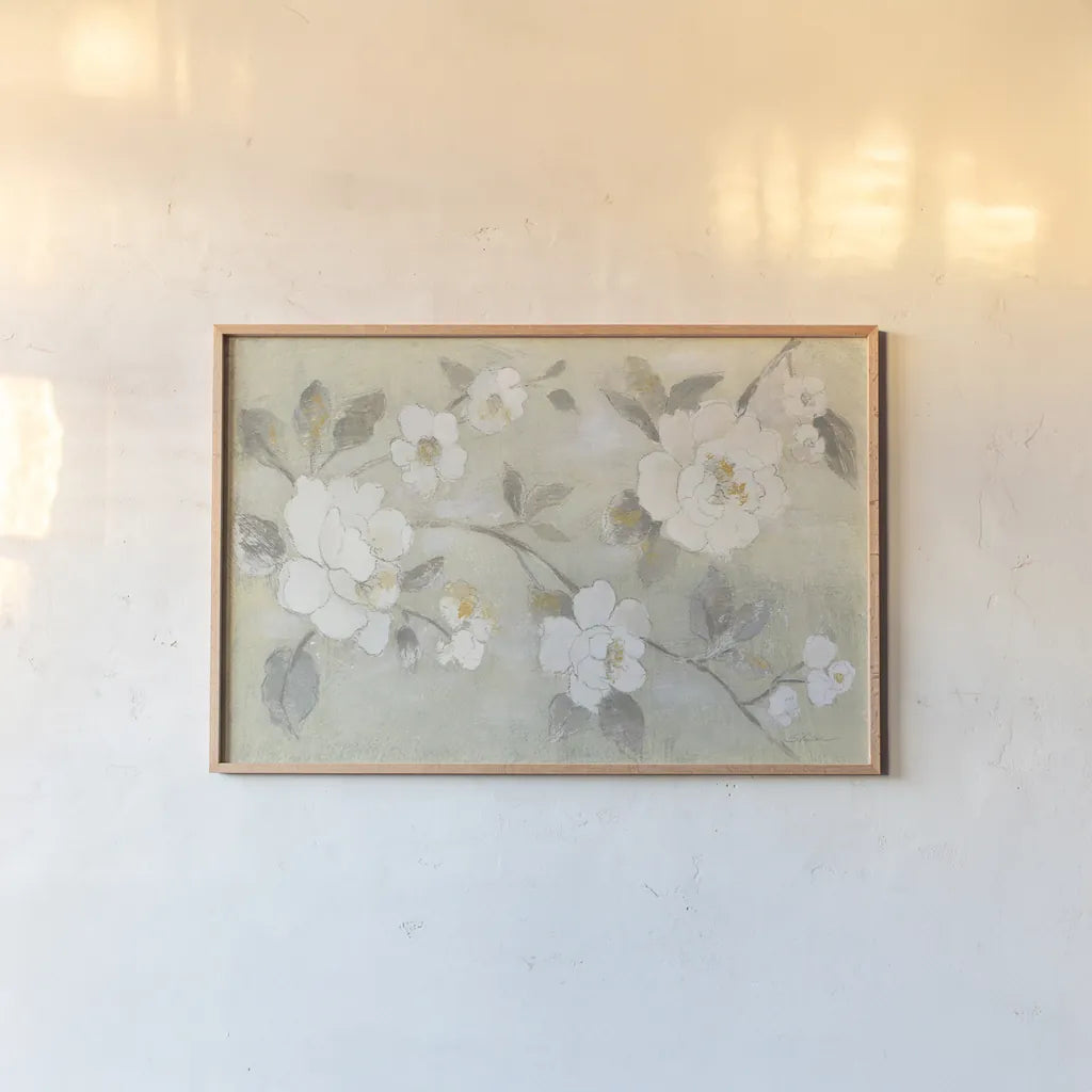 Romantic Spring Flowers I White Horizontal by Silvia Vassileva. shown as a paper print in a natural frame. Available as a archival giclee rolled canvas, fine art paper, or poster print. SKU 74168i.