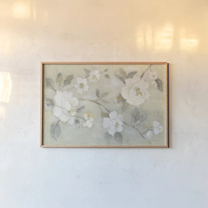 Romantic Spring Flowers I White Horizontal by Silvia Vassileva. shown as a paper print in a natural frame. Available as a archival giclee rolled canvas, fine art paper, or poster print. SKU 74168i.
