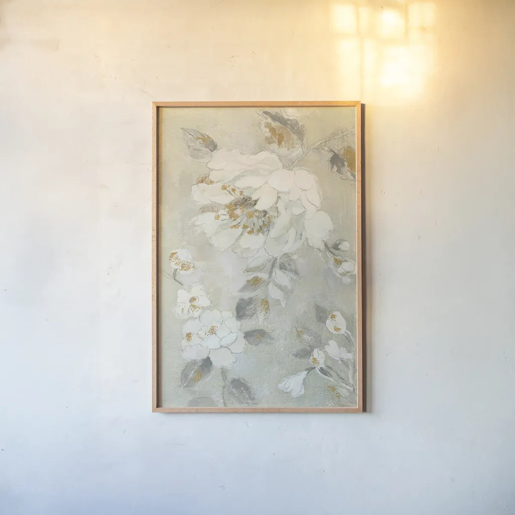 Romantic Spring Flowers II White by Silvia Vassileva. shown as a paper print in a natural frame. Available as a archival giclee rolled canvas, fine art paper, or poster print. SKU 67242h.