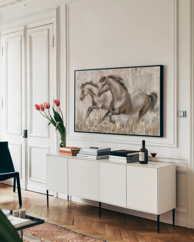 Running Horses by Silvia Vassileva. shown as a framed stretched canvas in a living room above a console. Available as a archival giclee rolled canvas, fine art paper, or poster print. SKU 59955i.