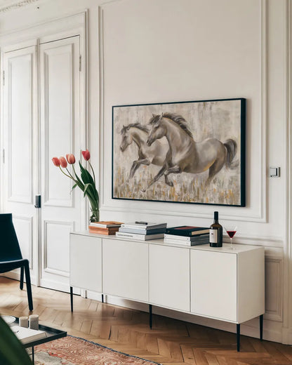 Running Horses by Silvia Vassileva. shown as a framed stretched canvas in a living room above a console. Available as a archival giclee rolled canvas, fine art paper, or poster print. SKU 59955i.
