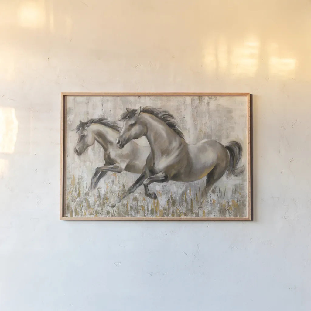 Running Horses by Silvia Vassileva. shown as a paper print in a natural frame. Available as a archival giclee rolled canvas, fine art paper, or poster print. SKU 59955i.