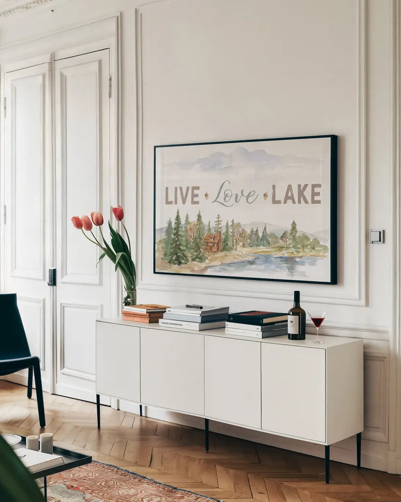 Rustic Retreat IV by Silvia Vassileva. shown as a framed stretched canvas in a living room above a console. Available as a archival giclee rolled canvas, fine art paper, or poster print. SKU 94461i.