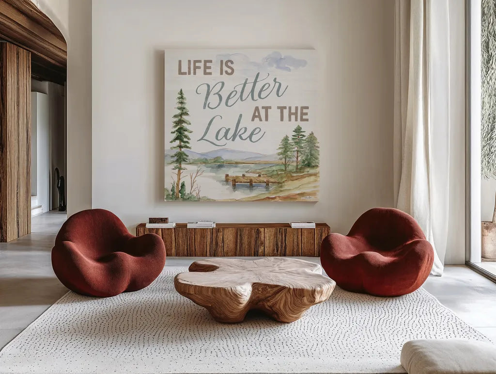 Rustic Retreat VI by Silvia Vassileva. Shown as extra-large giant wall art in a modern living room. Available as an archival giclee rolled canvas, fine art paper, or poster print. SKU 94463a.