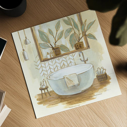 Sage Bathroom I by Silvia Vassileva. Shown as a detailed flat fine art print, highlighting archival giclee quality. Available as an archival giclee rolled canvas, fine art paper, or poster print. SKU 66077a.