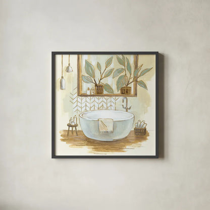 Sage Bathroom I by Silvia Vassileva. Shown in a sleek black glass frame for a contemporary gallery look. Available as an archival giclee rolled canvas, fine art paper, or poster print. SKU 66077a.