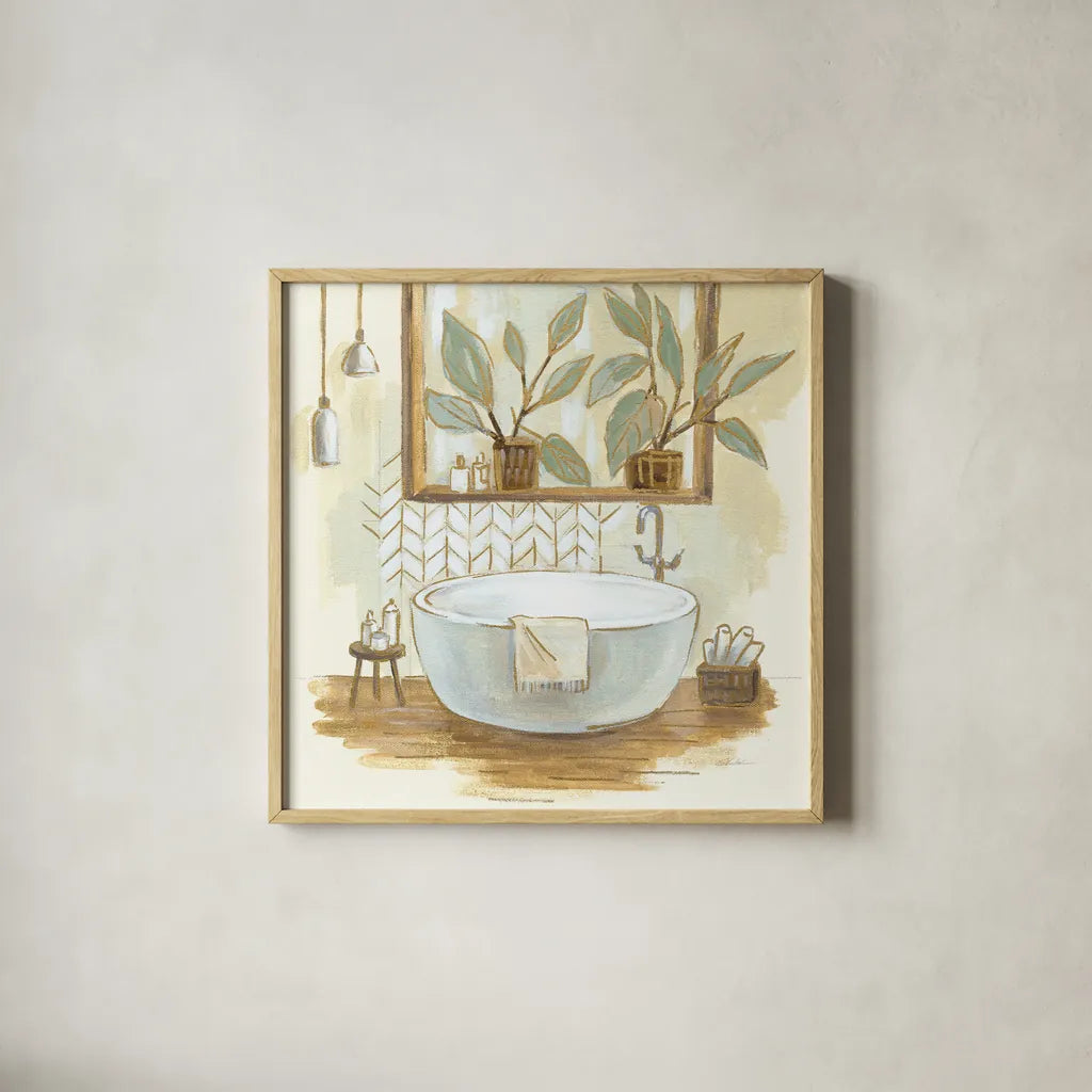 Sage Bathroom I by Silvia Vassileva. Shown in a natural wood glass frame for a timeless modern aesthetic. Available as an archival giclee rolled canvas, fine art paper, or poster print. SKU 66077a.