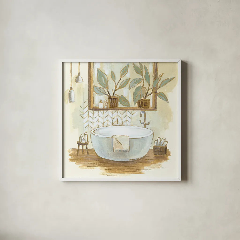 Sage Bathroom I by Silvia Vassileva. Shown in a crisp white glass frame for a clean and minimalist style. Available as an archival giclee rolled canvas, fine art paper, or poster print. SKU 66077a.