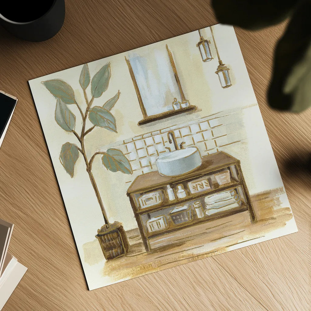 Sage Bathroom II by Silvia Vassileva. Shown as a detailed flat fine art print, highlighting archival giclee quality. Available as an archival giclee rolled canvas, fine art paper, or poster print. SKU 66078a.