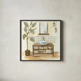 Sage Bathroom II by Silvia Vassileva. Shown in a sleek black glass frame for a contemporary gallery look. Available as an archival giclee rolled canvas, fine art paper, or poster print. SKU 66078a.