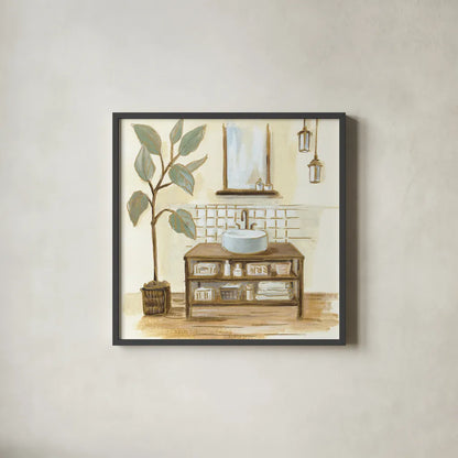 Sage Bathroom II by Silvia Vassileva. Shown in a sleek black glass frame for a contemporary gallery look. Available as an archival giclee rolled canvas, fine art paper, or poster print. SKU 66078a.