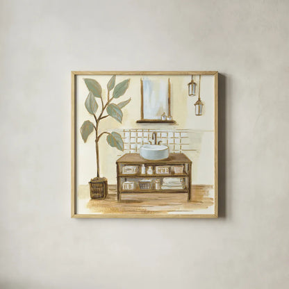 Sage Bathroom II by Silvia Vassileva. Shown in a natural wood glass frame for a timeless modern aesthetic. Available as an archival giclee rolled canvas, fine art paper, or poster print. SKU 66078a.