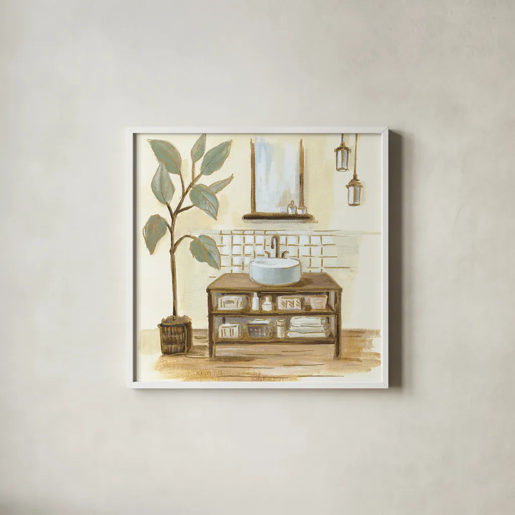 Sage Bathroom II by Silvia Vassileva. Shown in a crisp white glass frame for a clean and minimalist style. Available as an archival giclee rolled canvas, fine art paper, or poster print. SKU 66078a.