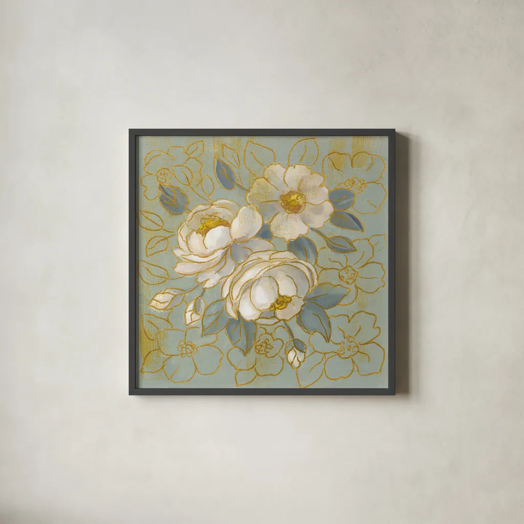 Sage Floral I by Silvia Vassileva. Shown in a sleek black glass frame for a contemporary gallery look. Available as an archival giclee rolled canvas, fine art paper, or poster print. SKU 65678a.