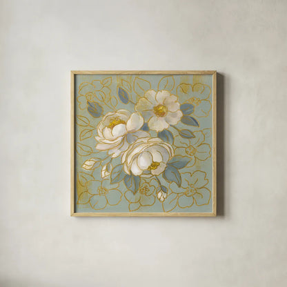 Sage Floral I by Silvia Vassileva. Shown in a natural wood glass frame for a timeless modern aesthetic. Available as an archival giclee rolled canvas, fine art paper, or poster print. SKU 65678a.
