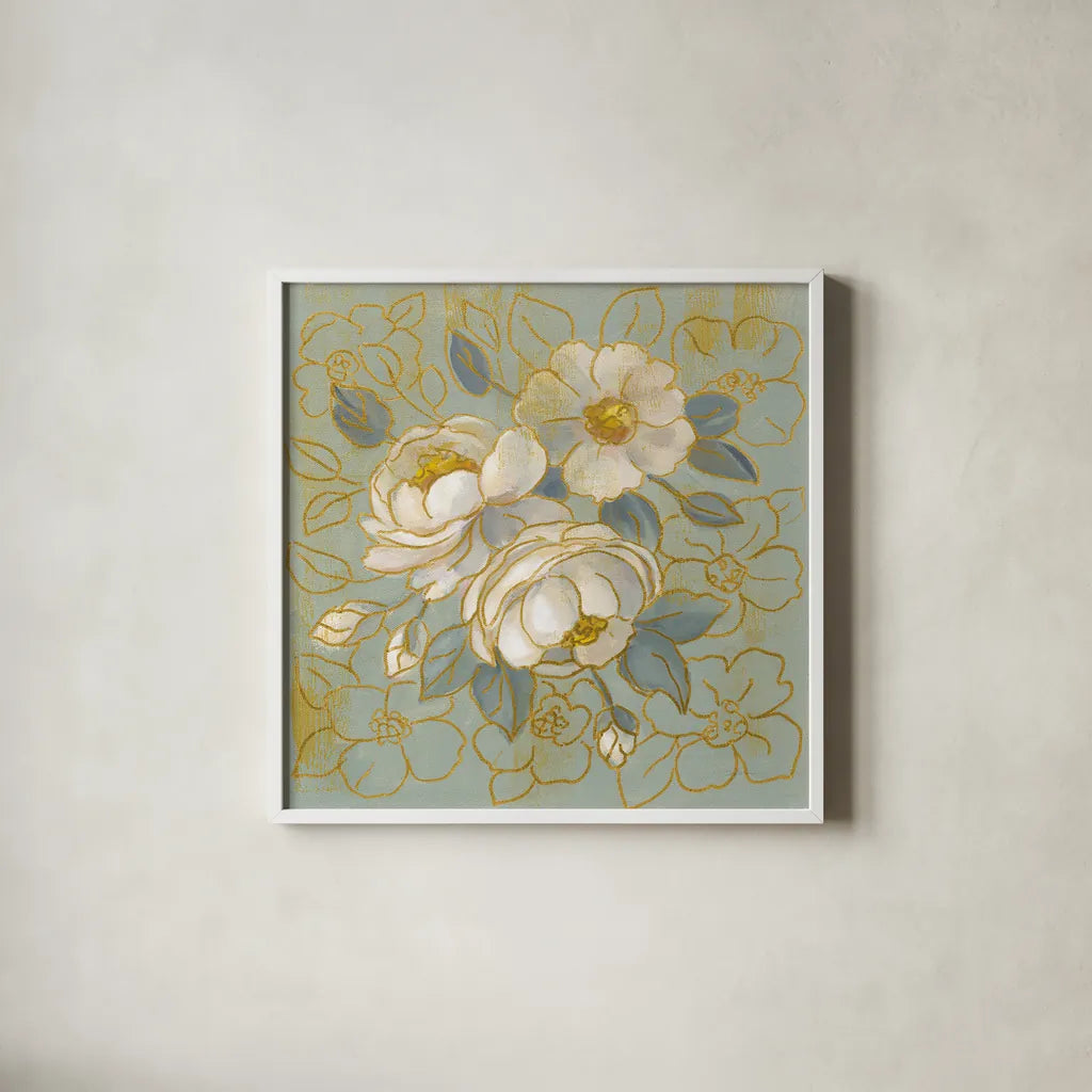 Sage Floral I by Silvia Vassileva. Shown in a crisp white glass frame for a clean and minimalist style. Available as an archival giclee rolled canvas, fine art paper, or poster print. SKU 65678a.