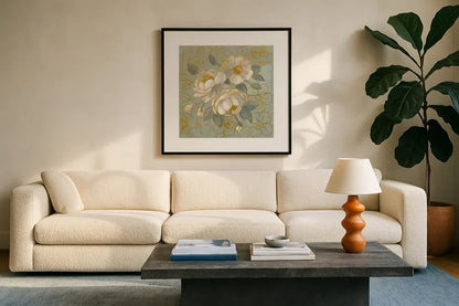 Sage Floral I by Silvia Vassileva. Displayed in a glass frame with matte in a clean modern living room. Available as an archival giclee rolled canvas, fine art paper, or poster print. SKU 65678a.