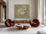 Sage Floral I by Silvia Vassileva. Shown as extra-large giant wall art in a modern living room. Available as an archival giclee rolled canvas, fine art paper, or poster print. SKU 65678a.