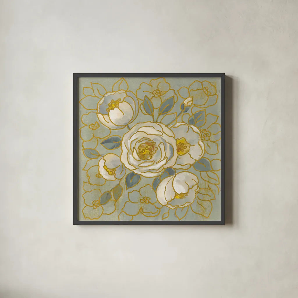 Sage Floral II by Silvia Vassileva. Shown in a sleek black glass frame for a contemporary gallery look. Available as an archival giclee rolled canvas, fine art paper, or poster print. SKU 65679a.