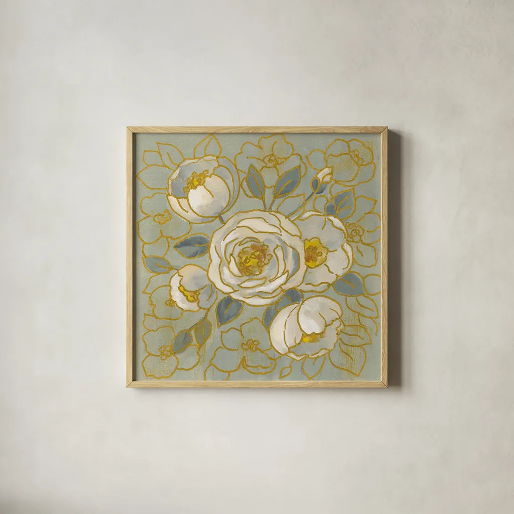 Sage Floral II by Silvia Vassileva. Shown in a natural wood glass frame for a timeless modern aesthetic. Available as an archival giclee rolled canvas, fine art paper, or poster print. SKU 65679a.