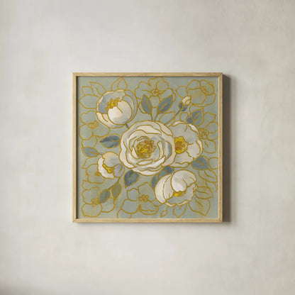 Sage Floral II by Silvia Vassileva. Shown in a natural wood glass frame for a timeless modern aesthetic. Available as an archival giclee rolled canvas, fine art paper, or poster print. SKU 65679a.