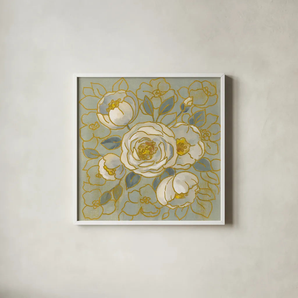 Sage Floral II by Silvia Vassileva. Shown in a crisp white glass frame for a clean and minimalist style. Available as an archival giclee rolled canvas, fine art paper, or poster print. SKU 65679a.