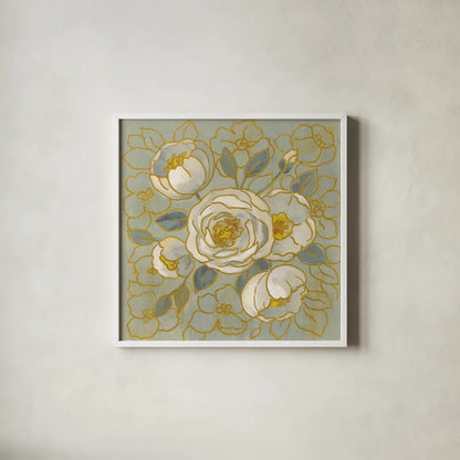 Sage Floral II by Silvia Vassileva. Shown in a crisp white glass frame for a clean and minimalist style. Available as an archival giclee rolled canvas, fine art paper, or poster print. SKU 65679a.