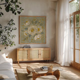 Sage Floral II by Silvia Vassileva. Shown in a natural wood frame in a cozy modern living room. Available as an archival giclee rolled canvas, fine art paper, or poster print. SKU 65679a.