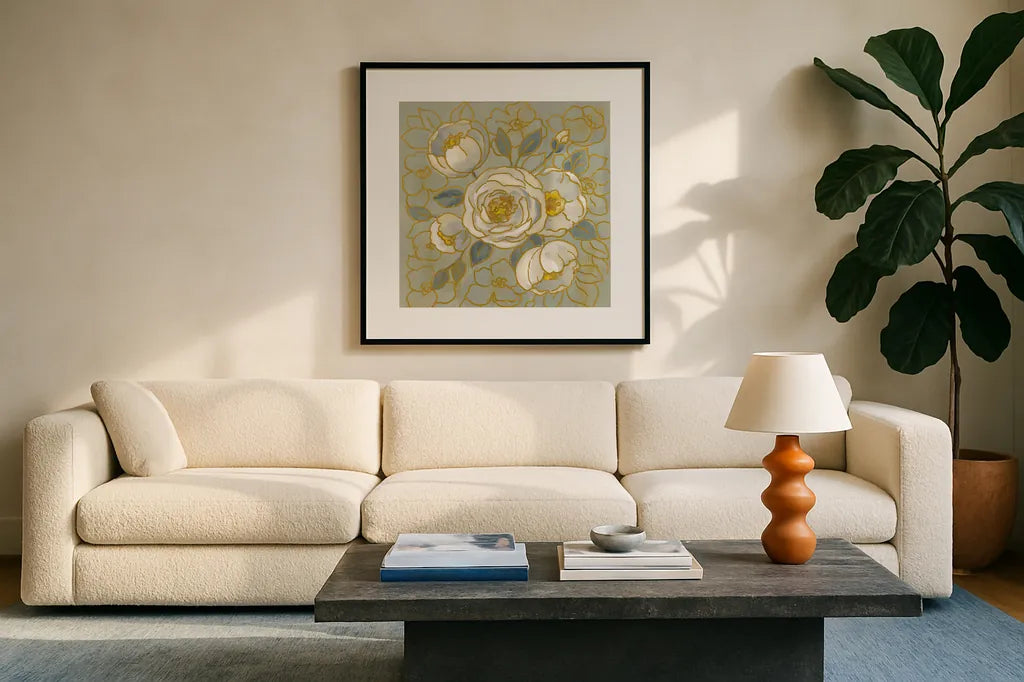 Sage Floral II by Silvia Vassileva. Displayed in a glass frame with matte in a clean modern living room. Available as an archival giclee rolled canvas, fine art paper, or poster print. SKU 65679a.