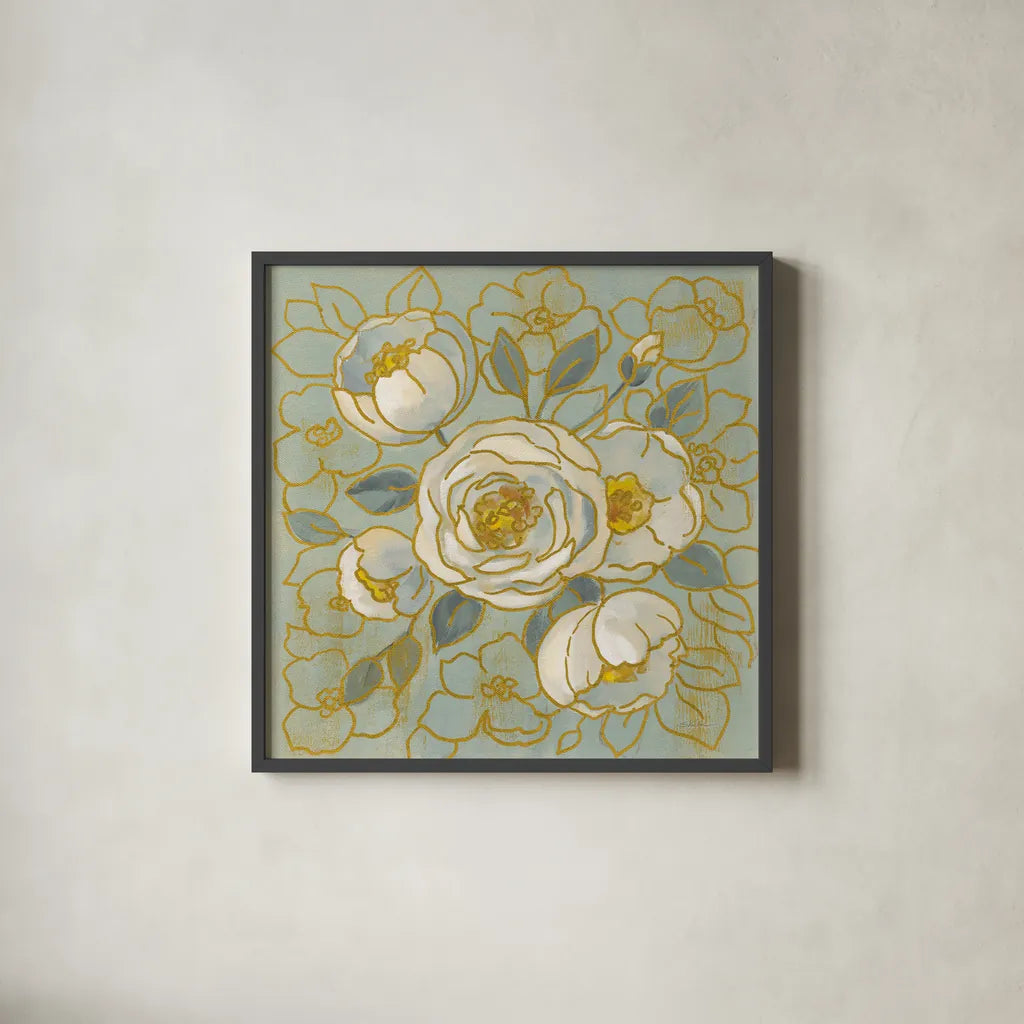 Sage Floral II v2 by Silvia Vassileva. Shown in a sleek black glass frame for a contemporary gallery look. Available as an archival giclee rolled canvas, fine art paper, or poster print. SKU 68142a.