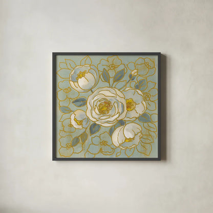 Sage Floral II v2 by Silvia Vassileva. Shown in a sleek black glass frame for a contemporary gallery look. Available as an archival giclee rolled canvas, fine art paper, or poster print. SKU 68142a.