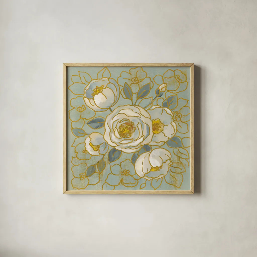 Sage Floral II v2 by Silvia Vassileva. Shown in a natural wood glass frame for a timeless modern aesthetic. Available as an archival giclee rolled canvas, fine art paper, or poster print. SKU 68142a.
