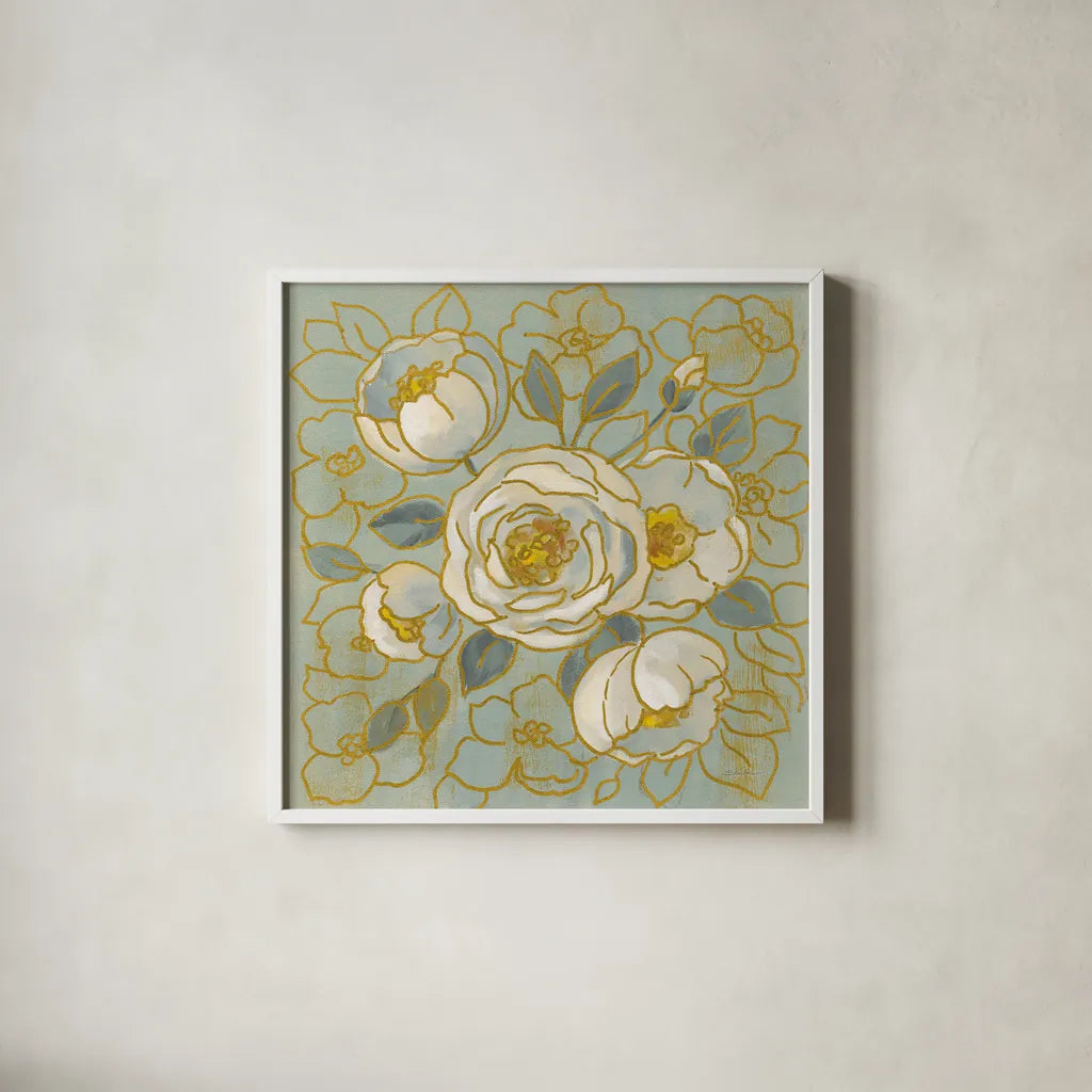 Sage Floral II v2 by Silvia Vassileva. Shown in a crisp white glass frame for a clean and minimalist style. Available as an archival giclee rolled canvas, fine art paper, or poster print. SKU 68142a.