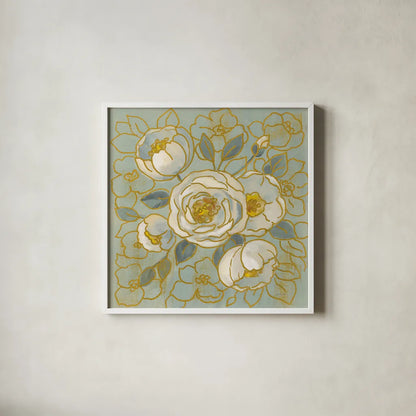 Sage Floral II v2 by Silvia Vassileva. Shown in a crisp white glass frame for a clean and minimalist style. Available as an archival giclee rolled canvas, fine art paper, or poster print. SKU 68142a.