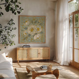 Sage Floral II v2 by Silvia Vassileva. Shown in a natural wood frame in a cozy modern living room. Available as an archival giclee rolled canvas, fine art paper, or poster print. SKU 68142a.