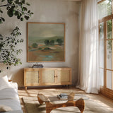 Sage Hills Crop by Silvia Vassileva. Shown in a natural wood frame in a cozy modern living room. Available as an archival giclee rolled canvas, fine art paper, or poster print. SKU 74912a.