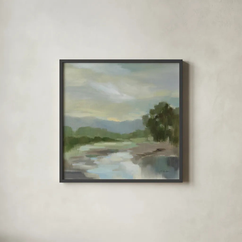 Sage Lake by Silvia Vassileva. Shown in a sleek black glass frame for a contemporary gallery look. Available as an archival giclee rolled canvas, fine art paper, or poster print. SKU 68578a.