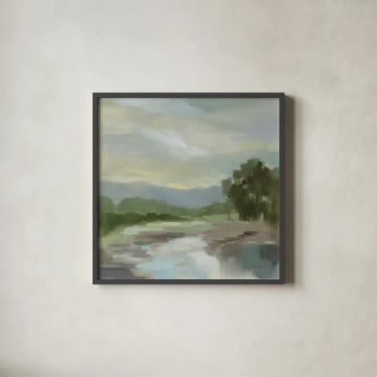 Sage Lake by Silvia Vassileva. Shown in a sleek black glass frame for a contemporary gallery look. Available as an archival giclee rolled canvas, fine art paper, or poster print. SKU 68578a.