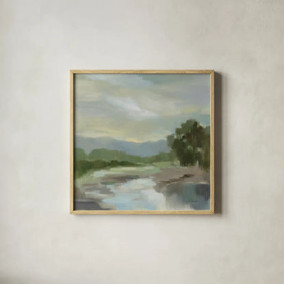 Sage Lake by Silvia Vassileva. Shown in a natural wood glass frame for a timeless modern aesthetic. Available as an archival giclee rolled canvas, fine art paper, or poster print. SKU 68578a.