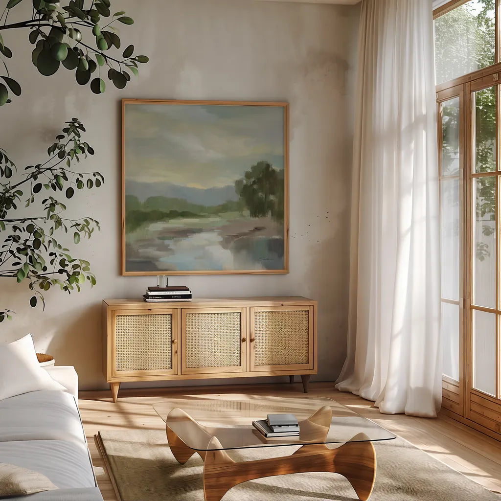 Sage Lake by Silvia Vassileva. Shown in a natural wood frame in a cozy modern living room. Available as an archival giclee rolled canvas, fine art paper, or poster print. SKU 68578a.