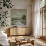 Sage Lake by Silvia Vassileva. Shown in a natural wood frame in a cozy modern living room. Available as an archival giclee rolled canvas, fine art paper, or poster print. SKU 68578a.