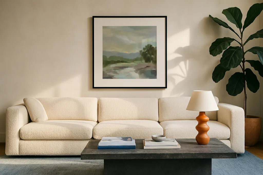 Sage Lake by Silvia Vassileva. Displayed in a glass frame with matte in a clean modern living room. Available as an archival giclee rolled canvas, fine art paper, or poster print. SKU 68578a.