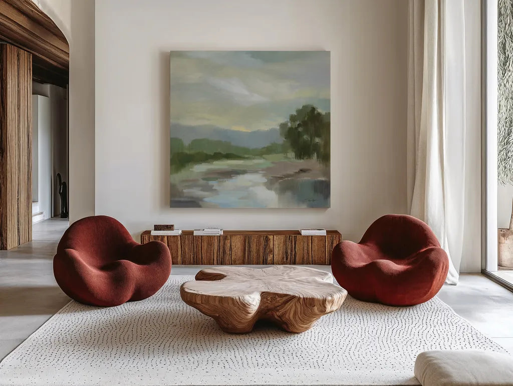 Sage Lake by Silvia Vassileva. Shown as extra-large giant wall art in a modern living room. Available as an archival giclee rolled canvas, fine art paper, or poster print. SKU 68578a.